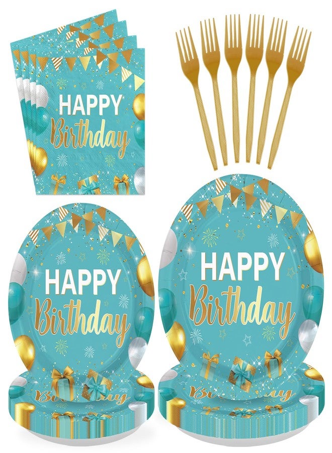 Greencian 96 Pcs Teal Blue and Gold Birthday Party Supplies Happy Birthday Plates and Napkins Disposable Turquoise Aqua Teal Tableware Set for Men Women birthday Party Decorations Serves 24 - Image 1